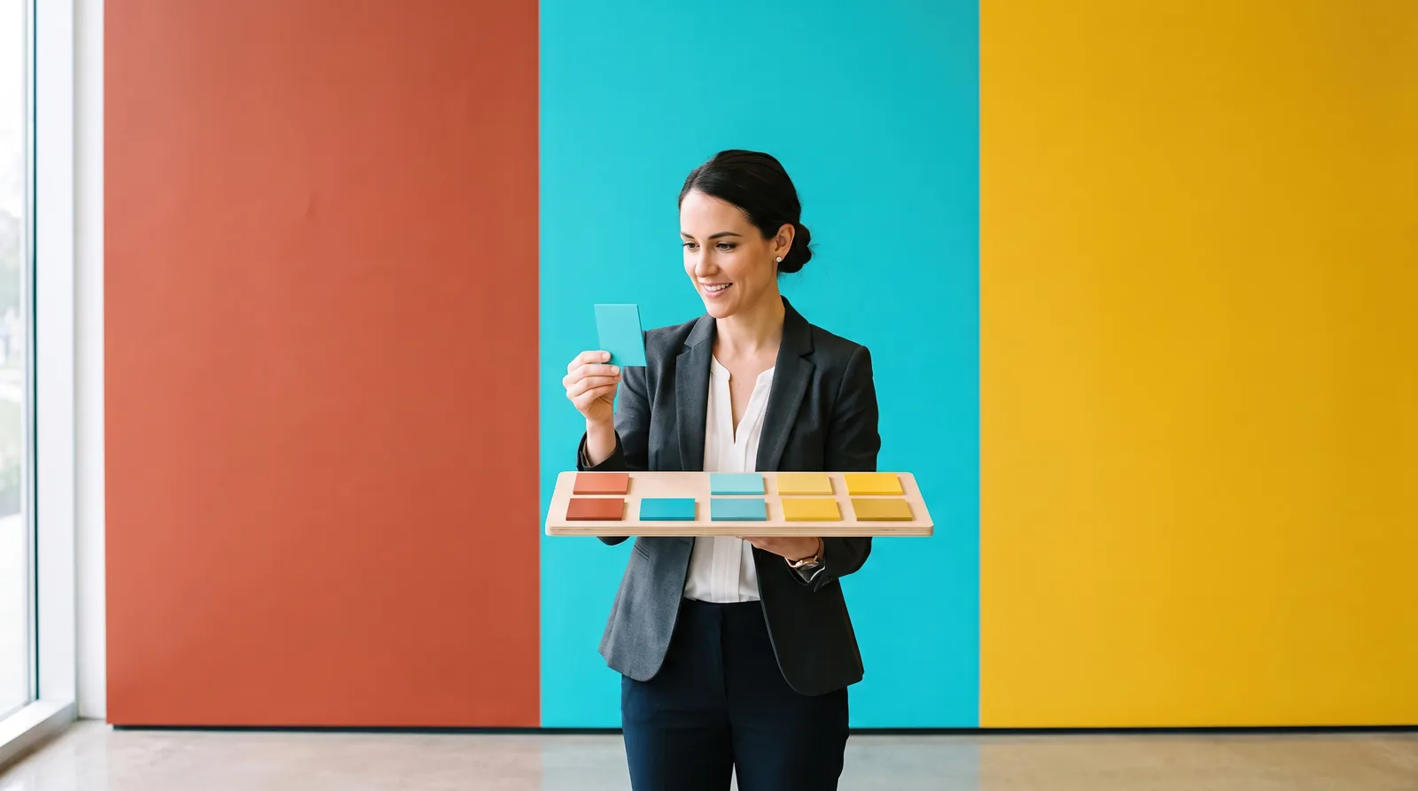 Directrice artistique tenant un nuancier devant un mur rouge, cyan et jaune : choisir les couleurs d'un logo
