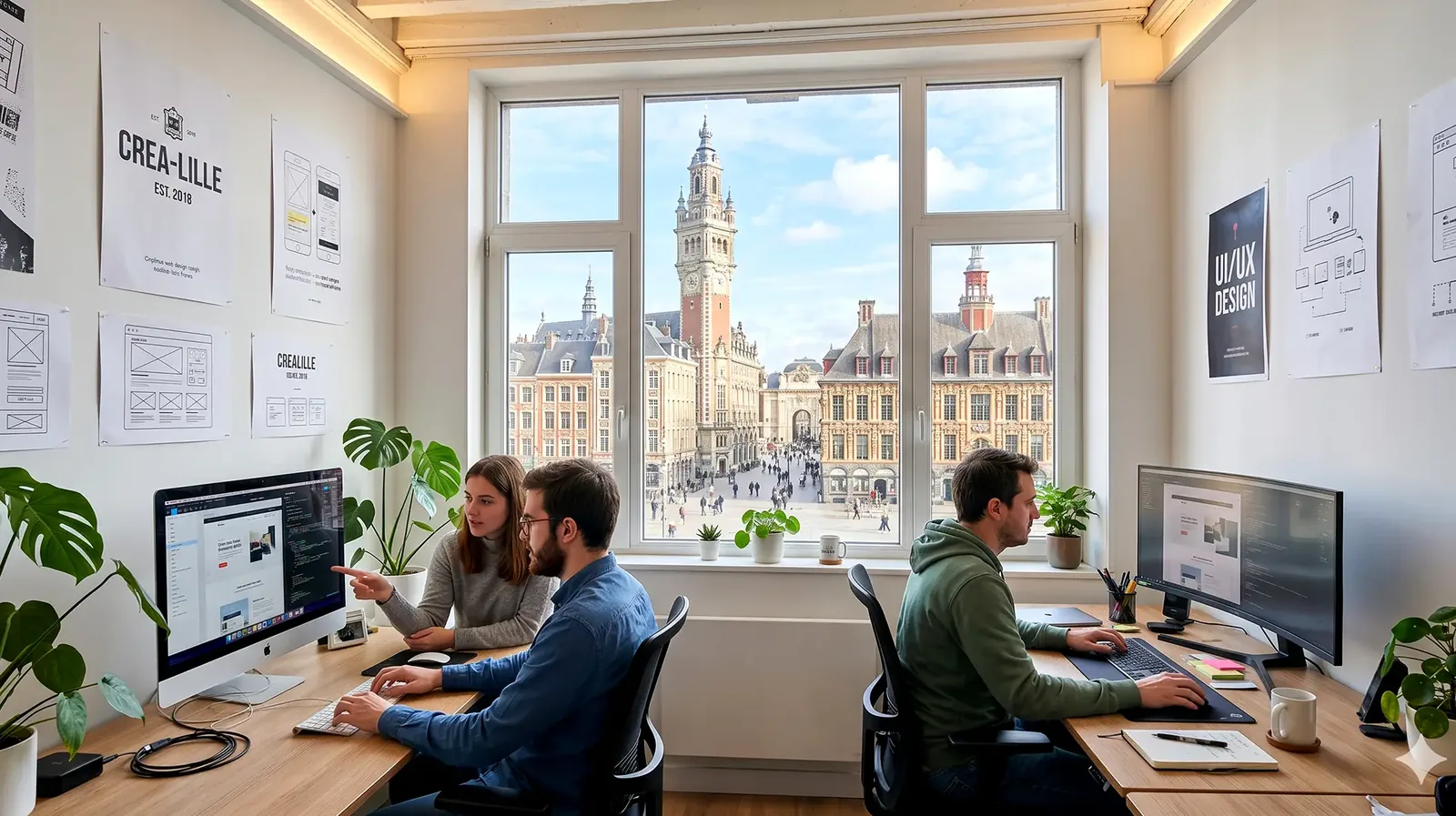 Graphistes travaillant sur leurs logiciels de création dans un studio donnant sur la Grand-Place de Lille