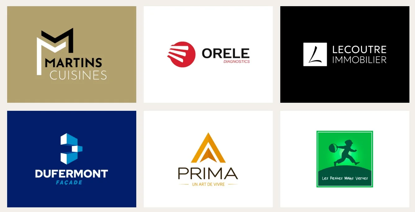 Six exemples de logos d'entreprise créés par 3clics : Martins Cuisines, Orele Diagnostics, Lecoutre Immobilier, Dufermont Façade, Prima et Les Petites Mains Vertes