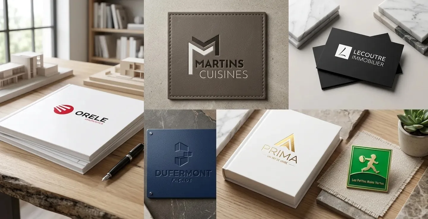 Exemples de logos professionnels créés par Graphic Logo : Orele, Martins Cuisines, Lecoutre Immobilier, Dufermont Façade, Prima et Les Petites Mains Vertes